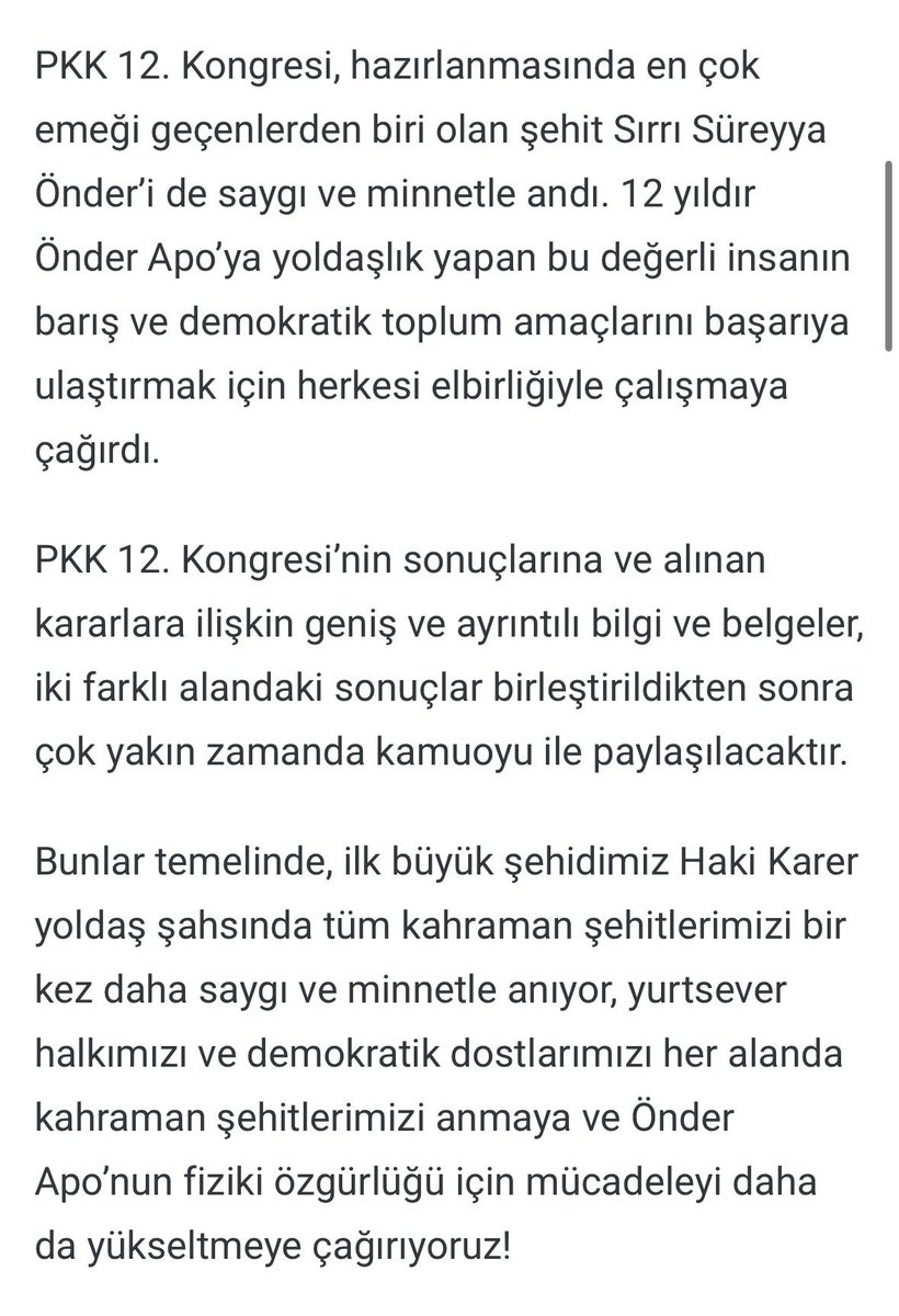 Silah bırakma kararını duyurması beklenen PKK terör örgütü, kongresini tamamladığını duyurdu. 

PKK; “12. Kongrenin sonuçlarına ve alınan kararlara ilişkin geniş ve ayrıntılı bilgi ve belgeler, iki farklı alandaki sonuçlar birleştirildikten sonra çok yakın zamanda kamuoyu ile
