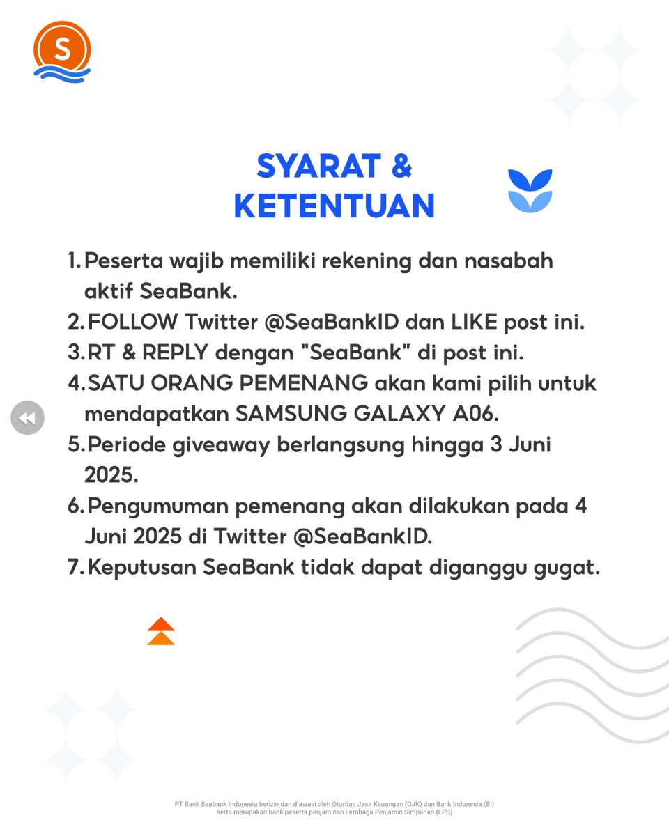 SeaBankID's tweet photo. HADIAH BARU DARI MINSEA🥳

Holaaa Sobat SeaBank👋🏻 Siapa nih yang kemarin belum dapet kesempatan buat menang HADIAH?🤔 Kali ini kamu gak boleh ketinggalan ya karena MinSea bakal bagi-bagi HADIAH buat kamu yang belum dapet kesempatan kemarin 🫨 Yuk, tunggu apa lagi, buruan ikutan dan REPLY "SEABANK" SEBANYAK-BANYAKNYA🧡