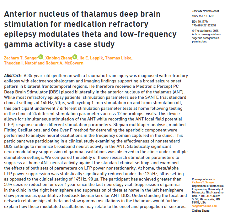 📡 In a patient with refractory epilepsy, personalized ANT-DBS settings (125 Hz, 50 μs) suppressed theta/alpha activity more than standard clinical settings (145 Hz, 90 μs). Gamma suppression in-clinic also linked to &gt;50% seizure reduction over 1 year. 

doi.org/10.1177/175628…