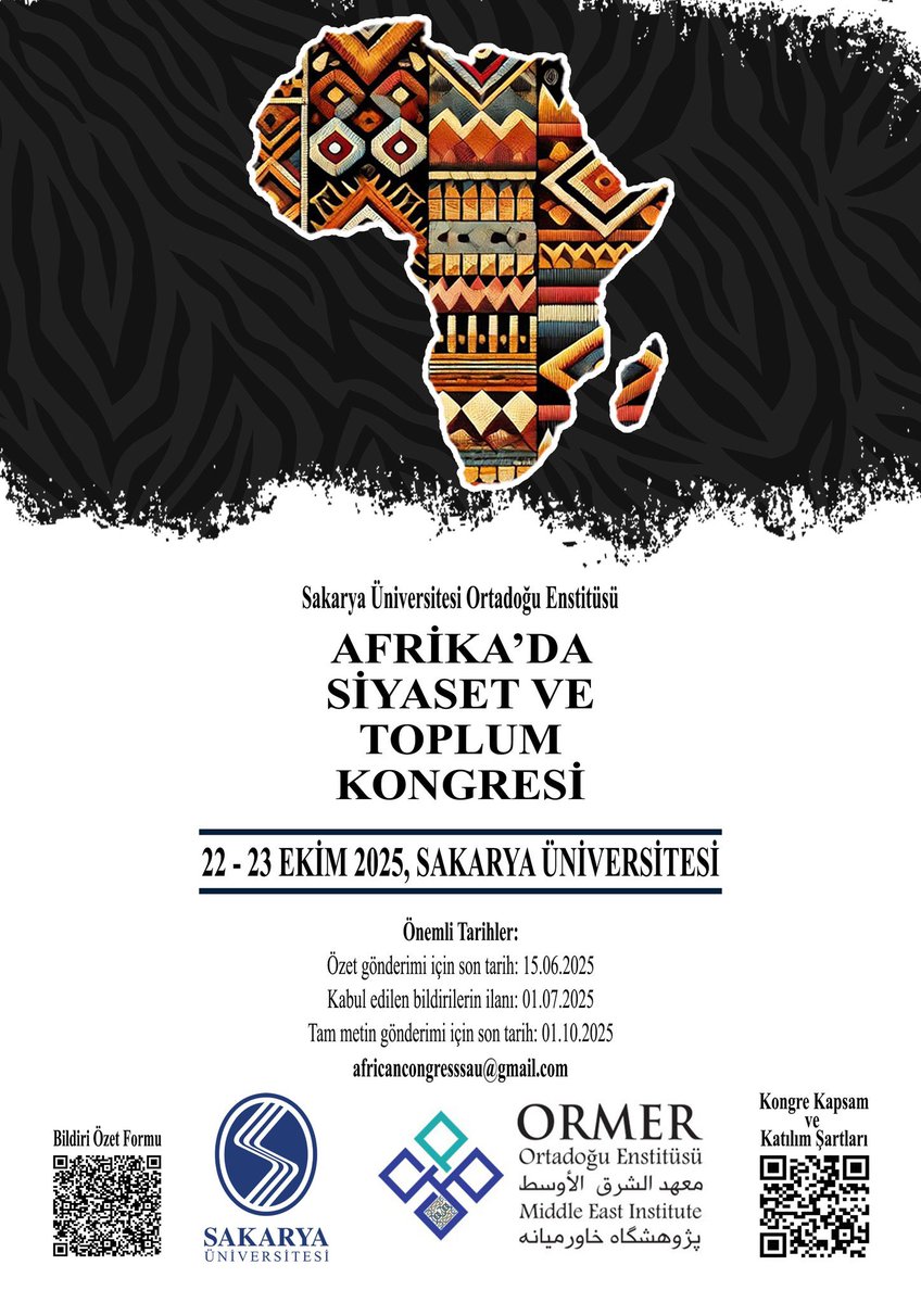 📢 Afrika’da Siyaset ve Toplum Kongresi, 22-23 Ekim 2025 tarihlerinde düzenlenecek! 

📌Özet gönderimi için son tarih: 15.06.2025  

🔍Kongreye dair gelişmeler için <a href="/SAUAfrika/">SAU Afrika</a> ve <a href="/SAUOrtadogu/">SAU Ortadoğu</a> hesaplarını takip edebilirsiniz.