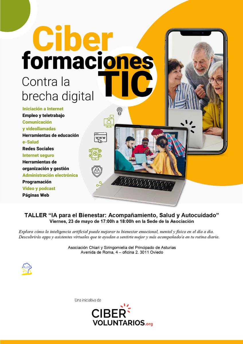 Taller: “IA para el Bienestar, Acompañamiento, Salud y Autocuidado”, 23 de mayo, de 17:00h a 18:00h en la sede de la Asociación
En una era de grandes avances tecnológicos ¡es momento de aprovechar lo positivo que nos ofrece!
Gracias a Ciber Voluntarios por colaborar con nosotros.