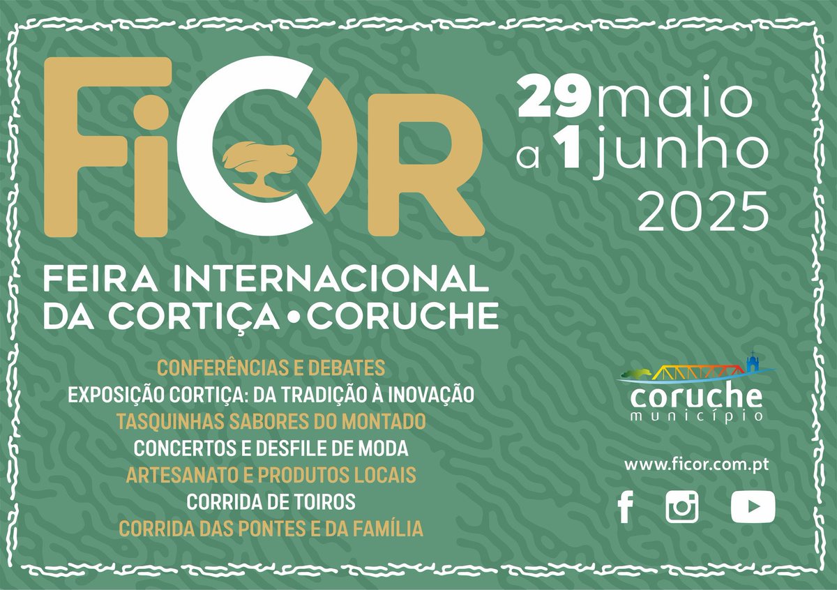 RETECORK's tweet image. A FICOR 2025,  de 29 de maio a 1 de junho, promete quatro dias intensos de experiências e encontros em torno do que melhor define Coruche: o montado, a inovação, a identidade cultural e o saber-fazer do território.

#FICOR2025 #MontadoDeSobro #Cortiça #Coruche #Sustentabilidade