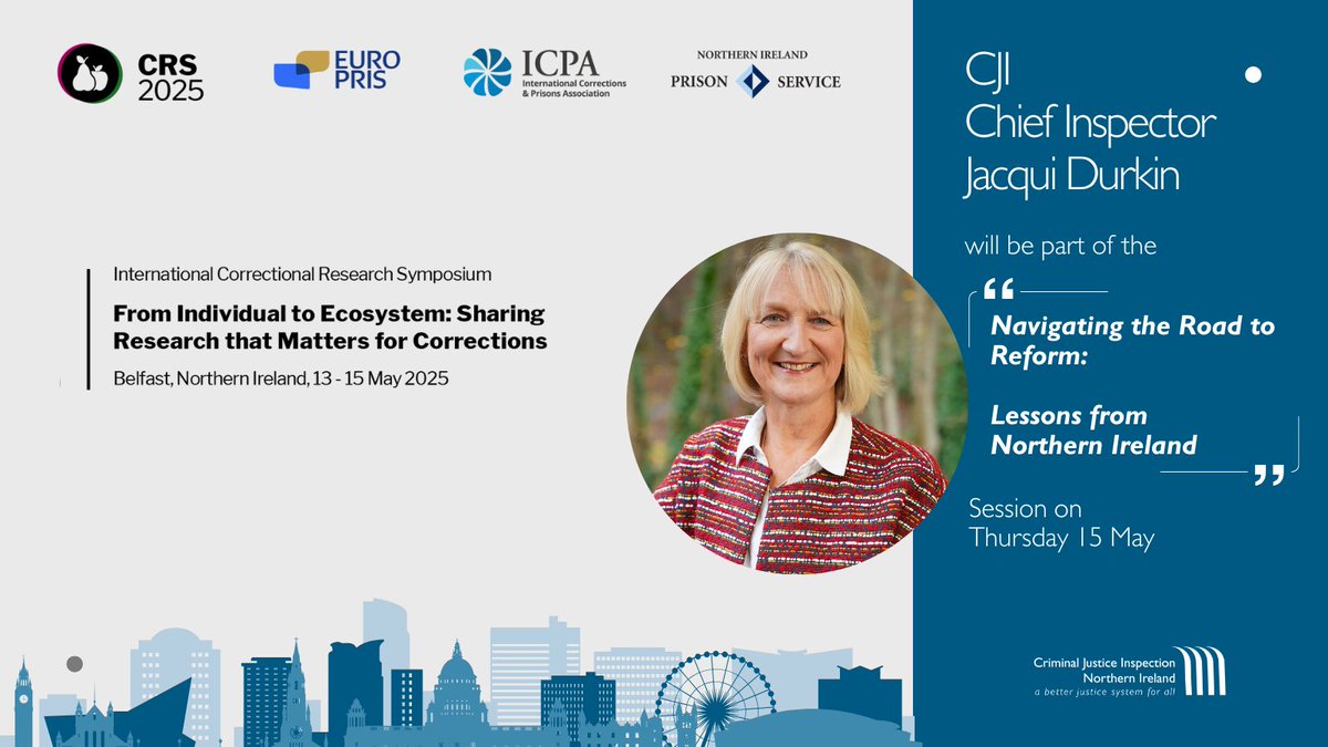 Criminal Justice Inspection NI (@cjininews) on Twitter photo Chief Inspector <a href="/JacquiDurkin1/">Jacqui Durkin</a> will be joining <a href="/QUBelfast/">Queen's University Belfast 🎓</a> Michelle Butler & <a href="/NIPrisonService/">NIPS</a> Richard Taylor at #CRS2025 to talk about the impact of independent scrutiny on raising standards and delivering better outcomes in places of detention.
#ResearchThatMatters Chief Inspector <a href="/JacquiDurkin1/">Jacqui Durkin</a> will be joining <a href="/QUBelfast/">Queen's University Belfast 🎓</a> Michelle Butler & <a href="/NIPrisonService/">NIPS</a> Richard Taylor at #CRS2025 to talk about the impact of independent scrutiny on raising standards and delivering better outcomes in places of detention.
#ResearchThatMatters