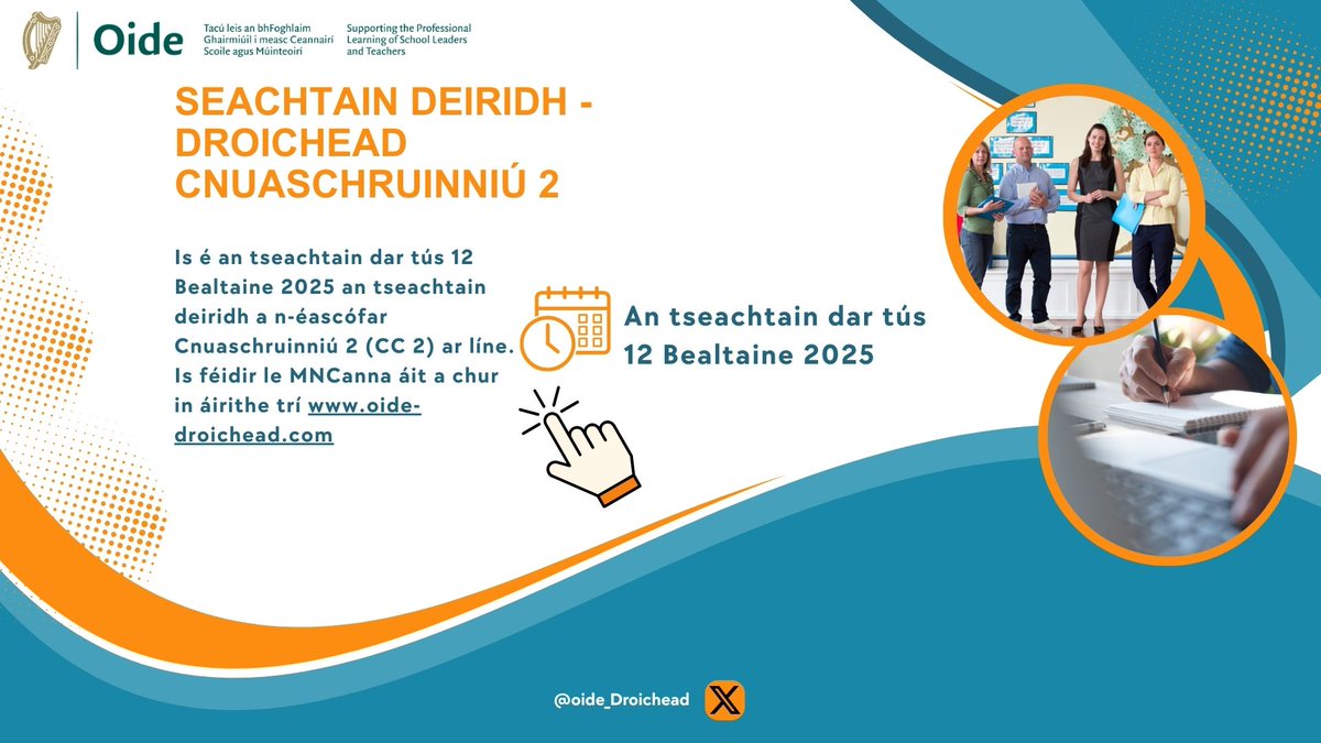 Is é an tseachtain dar tús 12 Bealtaine 2025 an tseachtain deiridh a n-éascófar Cnuaschruinniú 2 (CC 2) ar líne. Is féidir le MNCanna áit a chur in áirithe trí oide-droichead.com #Droichead @oide_ireland