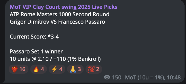 Money_On_Tennis's tweet photo. ✅ Francesco Passaro takes 1st set vs Dimitrov

+11.00u profit (1.1% that is)

#GamblingX #TennisPicks #TennisBets #ATPTour #WTATour #IBI25 #InternazionaliRoma #Internazionali

Show me the ❤️‍🔥 VIP gang https://t.co/hcOp91pEzf