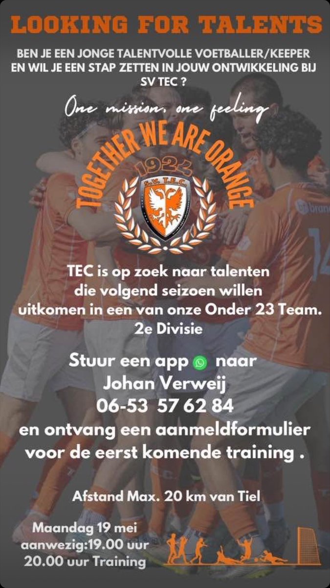 Ben je een jonge talentvolle voetballer in de omgeving van Tiel en wil je een volgende stap maken in je ontwikkeling, kom dan maandag 19 mei naar TEC om te testen of je volgend seizoen met TEC O23 in de 2e Divisie kunt spelen
Aanmelden en info bij Johan Verweij (06-53576284)
#TEC