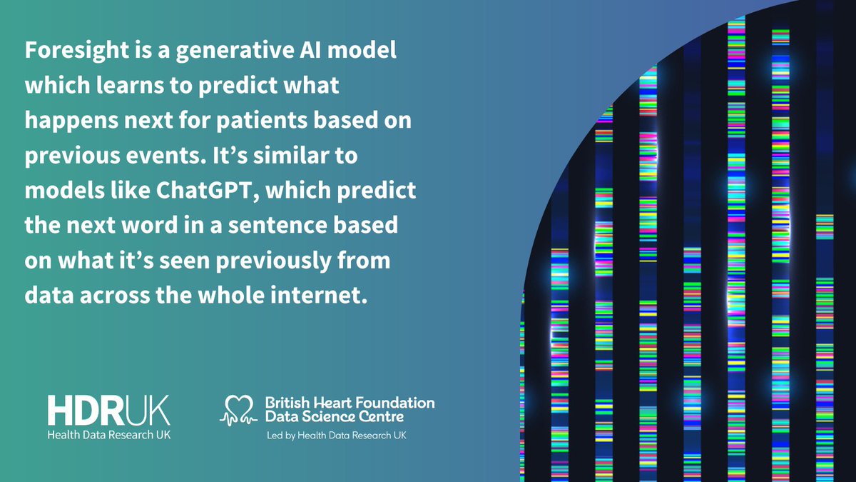 HDR_UK's tweet image. What is Foresight AI?

It’s a groundbreaking new tool developed by researchers at the @BHFDataScience - led by Health Data Research UK - that uses AI trained on de-identified NHS data to help forecast future healthcare needs. 

Why it matters:
Foresight AI can spot patterns…