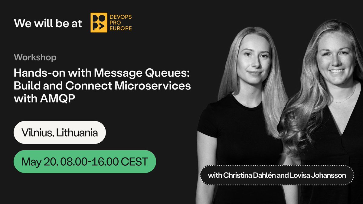 Join Christina Dahlen &amp; Lovisa Johansson at #DevOpsProEurope for a hands-on workshop on microservices, AMQP &amp; message queues with LavinMQ!
📅 May 20 | 📍 Vilnius
No experience needed—just curiosity (and yes, Swedish fika is included!)
#DevOps #LavinMQ #Microservices