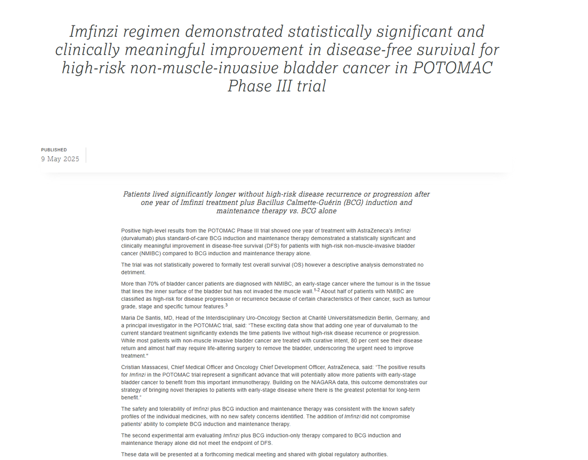 Toni Choueiri, MD (@drchoueiri) on Twitter photo JUST IN/Big news for #bladdercancer: PDL1 inhibitor Durvalumab regimen demonstrated improvement in DFS for high-risk non-muscle-invasive bladder cancer in POTOMAC Phase III trial. News from <a href="/AstraZeneca/">AstraZeneca</a> this morning! <a href="/BladderCancerUS/">Bladder Cancer Advocacy Network</a> <a href="/DanaFarber_GU/">Dana-Farber Lank Center for Genitourinary Oncology</a>
astrazeneca.com/media-centre/p… JUST IN/Big news for #bladdercancer: PDL1 inhibitor Durvalumab regimen demonstrated improvement in DFS for high-risk non-muscle-invasive bladder cancer in POTOMAC Phase III trial. News from <a href="/AstraZeneca/">AstraZeneca</a> this morning! <a href="/BladderCancerUS/">Bladder Cancer Advocacy Network</a> <a href="/DanaFarber_GU/">Dana-Farber Lank Center for Genitourinary Oncology</a>
astrazeneca.com/media-centre/p…
