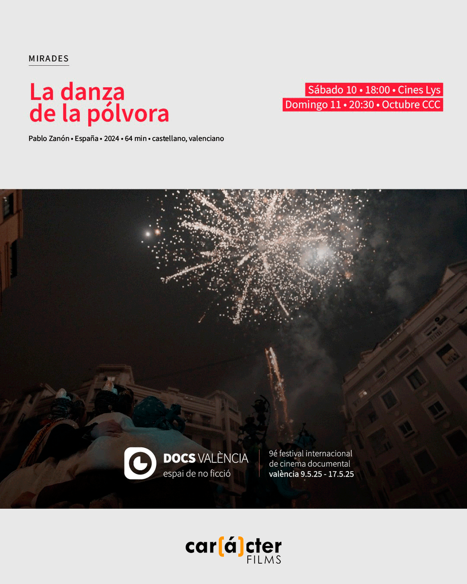 Carácter Films (@caracterfilms) on Twitter photo 🎬 "La danza de la pólvora", el nuevo documental de <a href="/CaracterFilms/">Carácter Films</a>, arranca en <a href="/DocsValencia/">DocsValencia</a> (sección #Mirades).
Una historia que quema, pero baila.
📅 Sáb 10 — 18:00 — Cines Lys
📅 Dom 11 — 20:30 — Octubre CCC
+info 👉 caracterfilms.com/la-danza-de-la…
#CineValenciano #Documental 🎬 "La danza de la pólvora", el nuevo documental de <a href="/CaracterFilms/">Carácter Films</a>, arranca en <a href="/DocsValencia/">DocsValencia</a> (sección #Mirades).
Una historia que quema, pero baila.
📅 Sáb 10 — 18:00 — Cines Lys
📅 Dom 11 — 20:30 — Octubre CCC
+info 👉 caracterfilms.com/la-danza-de-la…
#CineValenciano #Documental