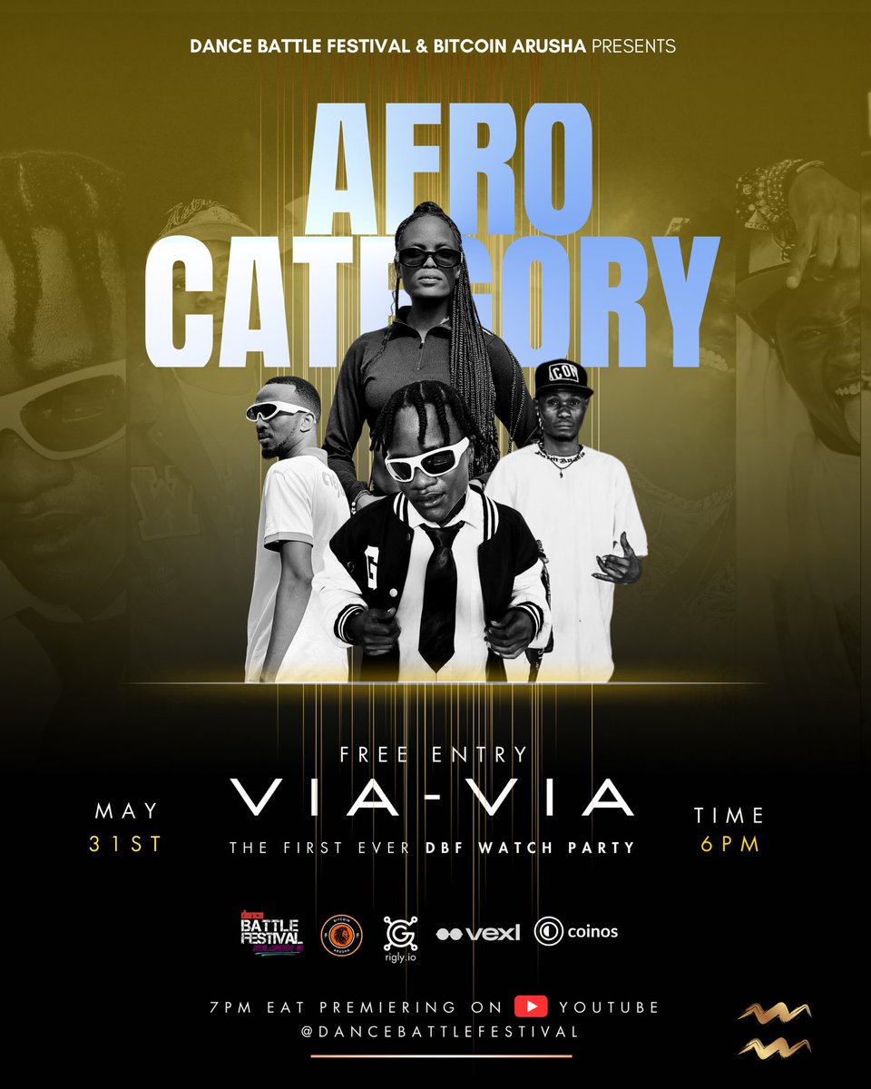 BITCOIN ARUSHA (@bitcoinarusha) on Twitter photo WORLD PREMIERE!
Dance Battle Festival Watch Party #DBFWP
Watch, zap dancers via QR, and vibe!
May 17 – Hip Hop
May 24 – Amapiano
May 31 – Afro
7PM EAT at Via Via, Arusha & on YouTube.
Partners: <a href="/TrustlessMining/">Upendo - bitcoin mining block party</a> <a href="/vexl/">vexl 😎</a> & coinos
Follow <a href="/bitcoinarusha/">BITCOIN ARUSHA</a> for more updates. WORLD PREMIERE!
Dance Battle Festival Watch Party #DBFWP
Watch, zap dancers via QR, and vibe!
May 17 – Hip Hop
May 24 – Amapiano
May 31 – Afro
7PM EAT at Via Via, Arusha & on YouTube.
Partners: <a href="/TrustlessMining/">Upendo - bitcoin mining block party</a> <a href="/vexl/">vexl 😎</a> & coinos
Follow <a href="/bitcoinarusha/">BITCOIN ARUSHA</a> for more updates.