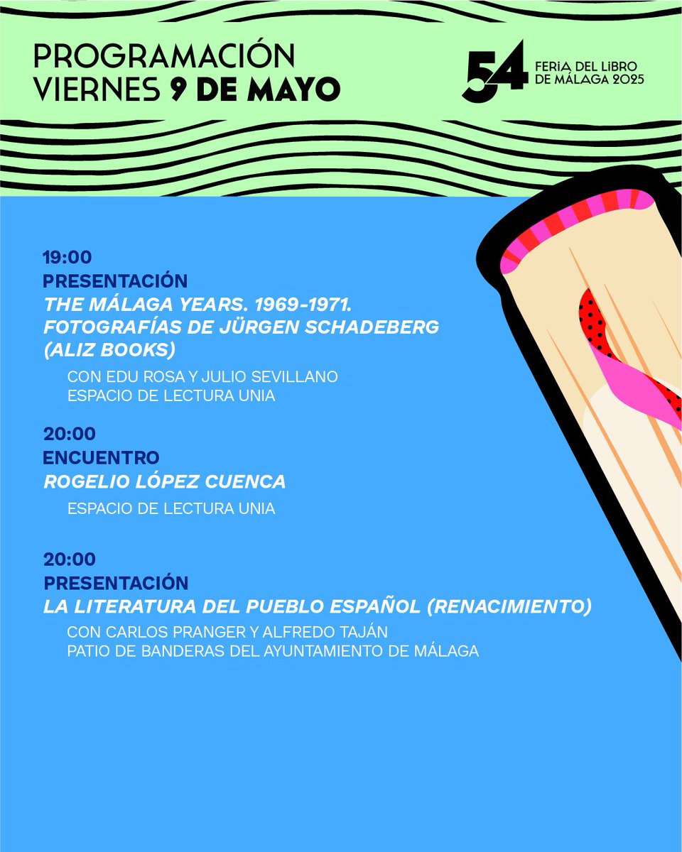 📚🌊💐 ¡Viernes en la #54FeriaLibroMálaga! Te esperamos en el Paseo del Parque para seguir celebrando la literatura con nuevas presentaciones, encuentros y mucho por descubrir entre libros.

🕒 Horario de casetas: de 10:30h a 14:30h y de 16:00h a 21:00h.
