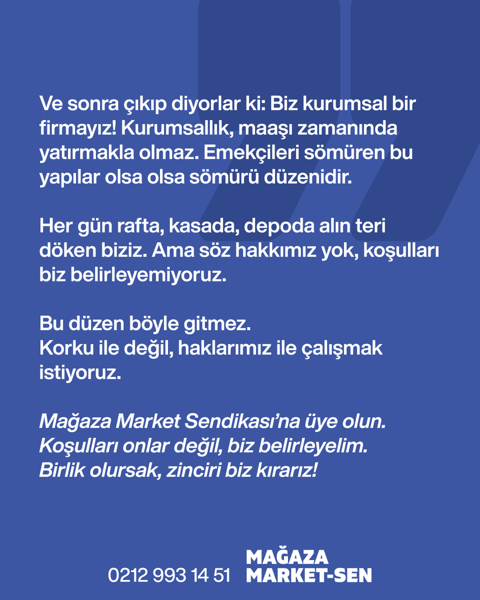 BİM Market Değil, Baskı Merkezi
Bu etiketin fiyatı yok, bedeli var

Bir zincir market emekçisi anlatıyor, biz de hep birlikte soruyoruz: Bu mu sizin kurumsallığınız?

Bayburt’ta bir BİM mağazasında çalışan üyemiz, Erzurum bölge sorumluluğu altında yaşadıkları gerçekleri bizimle