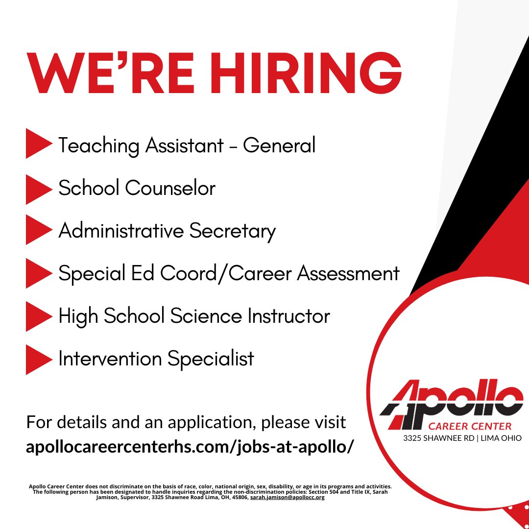 For an application and details about these great opportunities, please visit apollocareercenterhs.com/jobs-at-apollo/