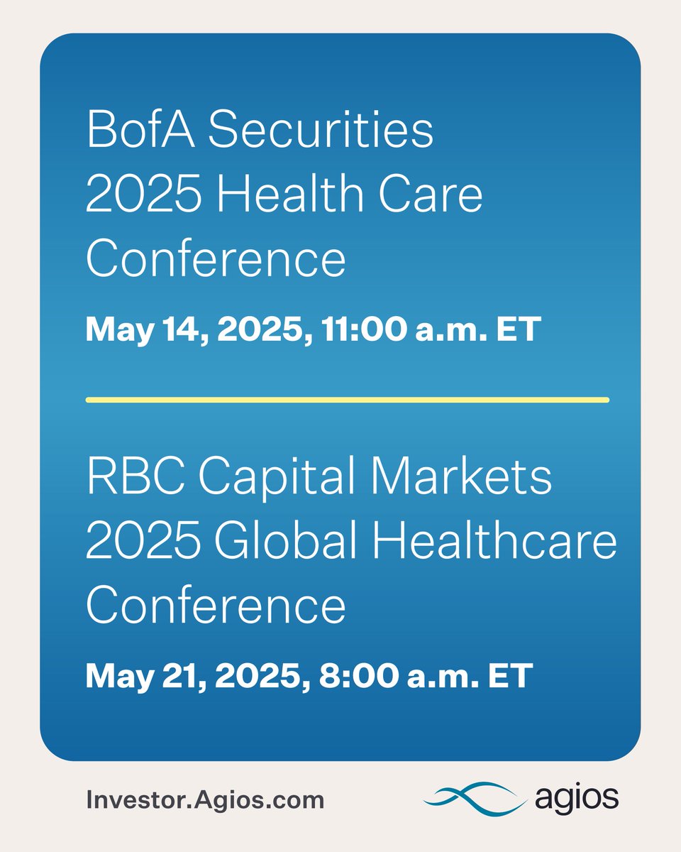 AgiosPharma's tweet image. #AgiosNews: This month, our Leadership Team will present at the BofA Securities and RBC Capital Markets 2025 healthcare conferences. We’ll share updates on our 2025 strategic priorities and engage investors in conversations about our long-term vision. Learn more:…