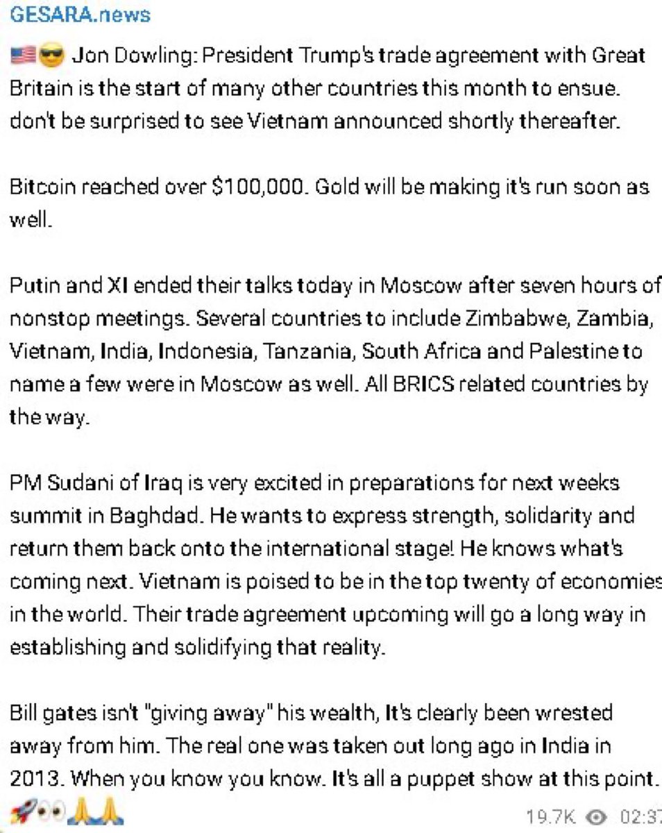 Tin tức GESARA:

🇺🇸😎 John Dowling: Thỏa thuận thương mại của Tổng thống Trump với Vương quốc Anh là sự khởi đầu cho nhiều quốc gia khác làm theo trong tháng này. Đừng ngạc nhiên nếu Việt Nam được công bố ngay sau đó.

Bitcoin đã đạt mức hơn 100.000 đô la.