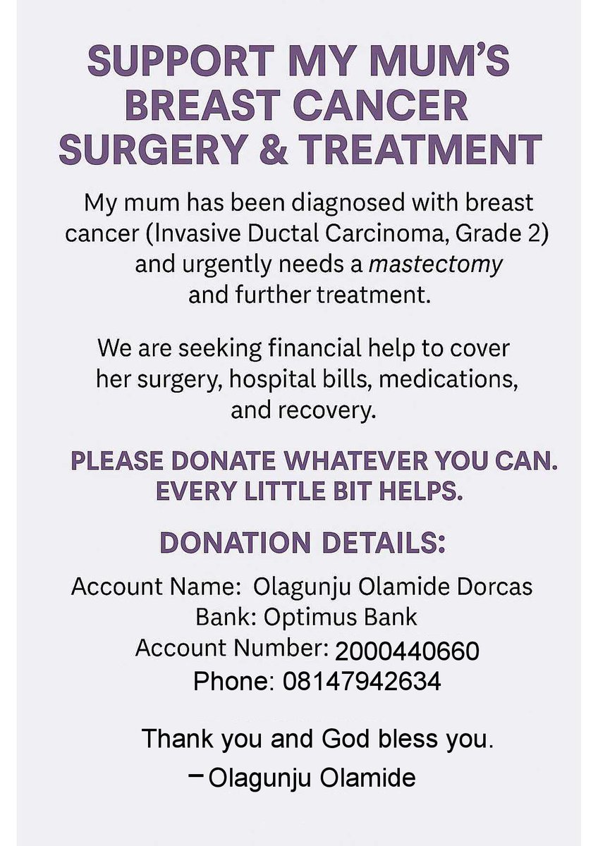 therealosungirl's tweet photo. DONATION DETAILS:
Account Name: Olagunju Olamide Dorcas 
Bank Name: Optimus Bank 
Account Number: 2000440660
Phone Number : 08147642634
@Wizarab10 @DONJAZZY @mrbayoa1 https://t.co/kaXjDd72eb