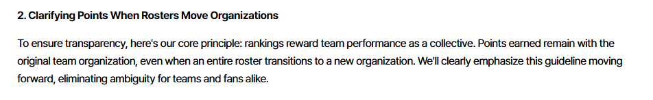 We have a state for <a href="/opgg_official/">OP.GG</a> rankings

Instead of these absolutes can we just use common sense?

The TSM / TL situation is a perfect example. TSM doesn't have a roster but is on rankings - If 4 players stay together but change org, points should follow them. <a href="/PUBGEsports/">PUBG Esports</a>