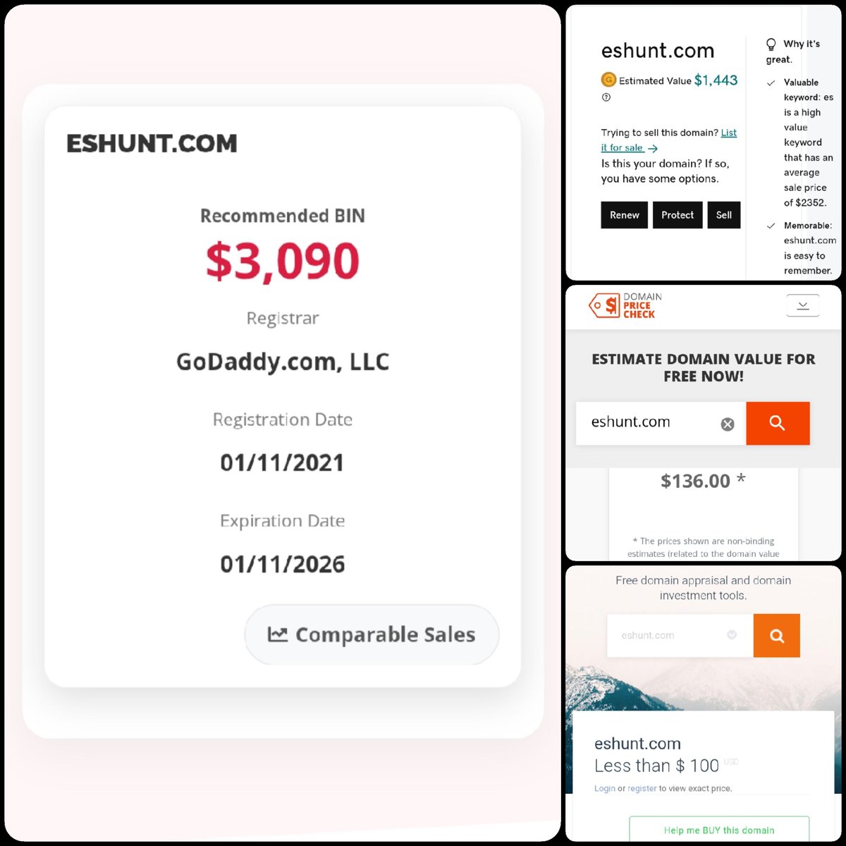 🌐 ESHUNT .com

💰 Sold Price : $4,865

✔ @DNRater Recommended BIN : $3,090
✔ Godaddy Estimation : $1,443
✔ InternetX Appraisal : $136
✔ Estibot Valuation : &lt;$100

📌 Venue : <a href="/afternic/">Afternic</a>  
📆 2025-05-02