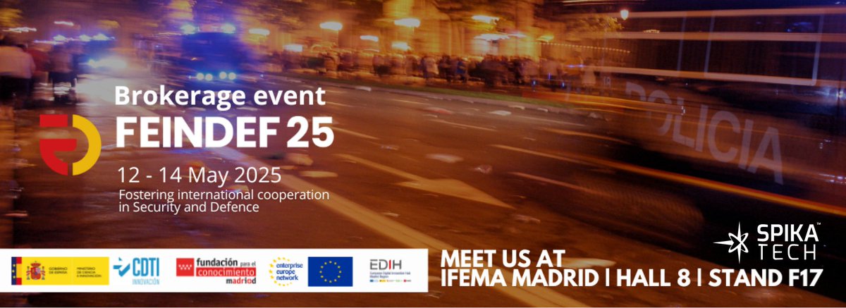 🎯 <a href="/SpikaTech/">Spika Tech S.L.</a> estará en #FEINDEF2025 el 12 de mayo en IFEMA 
📍 Hall 8 – Stand F17
Presentamos #PRAS: robótica autónoma, y nuestras capacidades tecnológicas y experiencia en proyectos #EDF en los que participamos. 
#Defensa #IA #Robótica #DeepTech #HorizonteEuropa #Innovación
