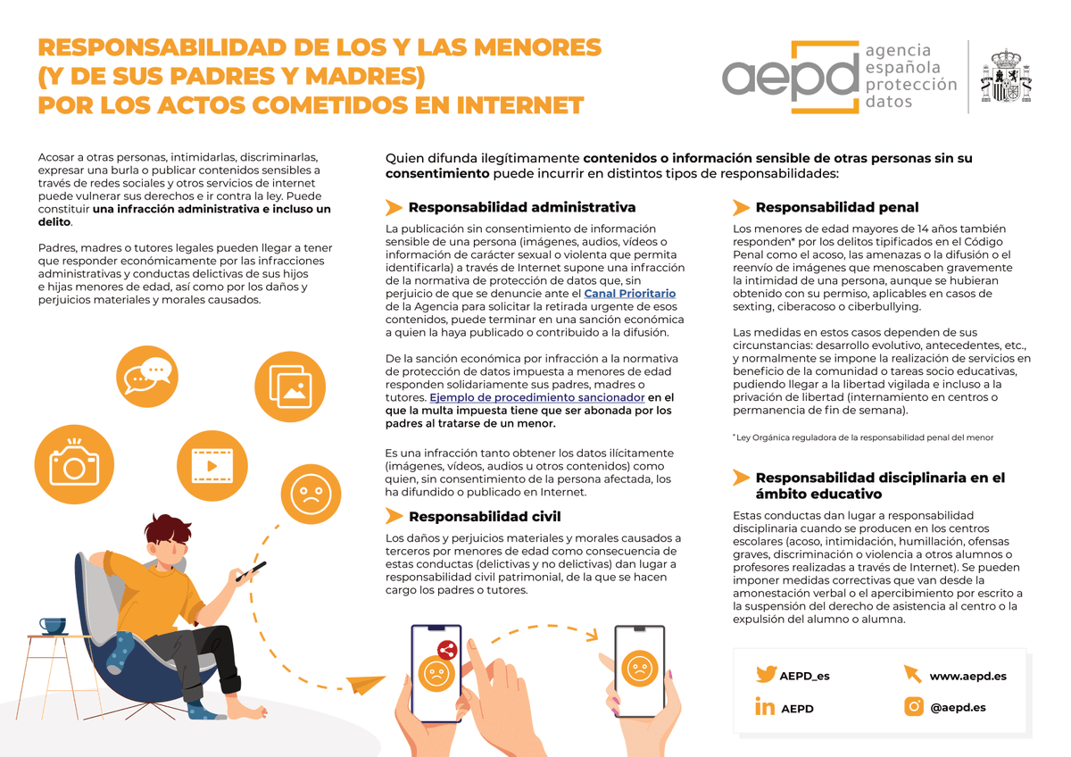 ⛔¿De quién es la responsabilidad cuando un menor de edad difunde en Internet contenidos o información sensible de otras personas sin su consentimiento?

Te lo explicamos aquí: