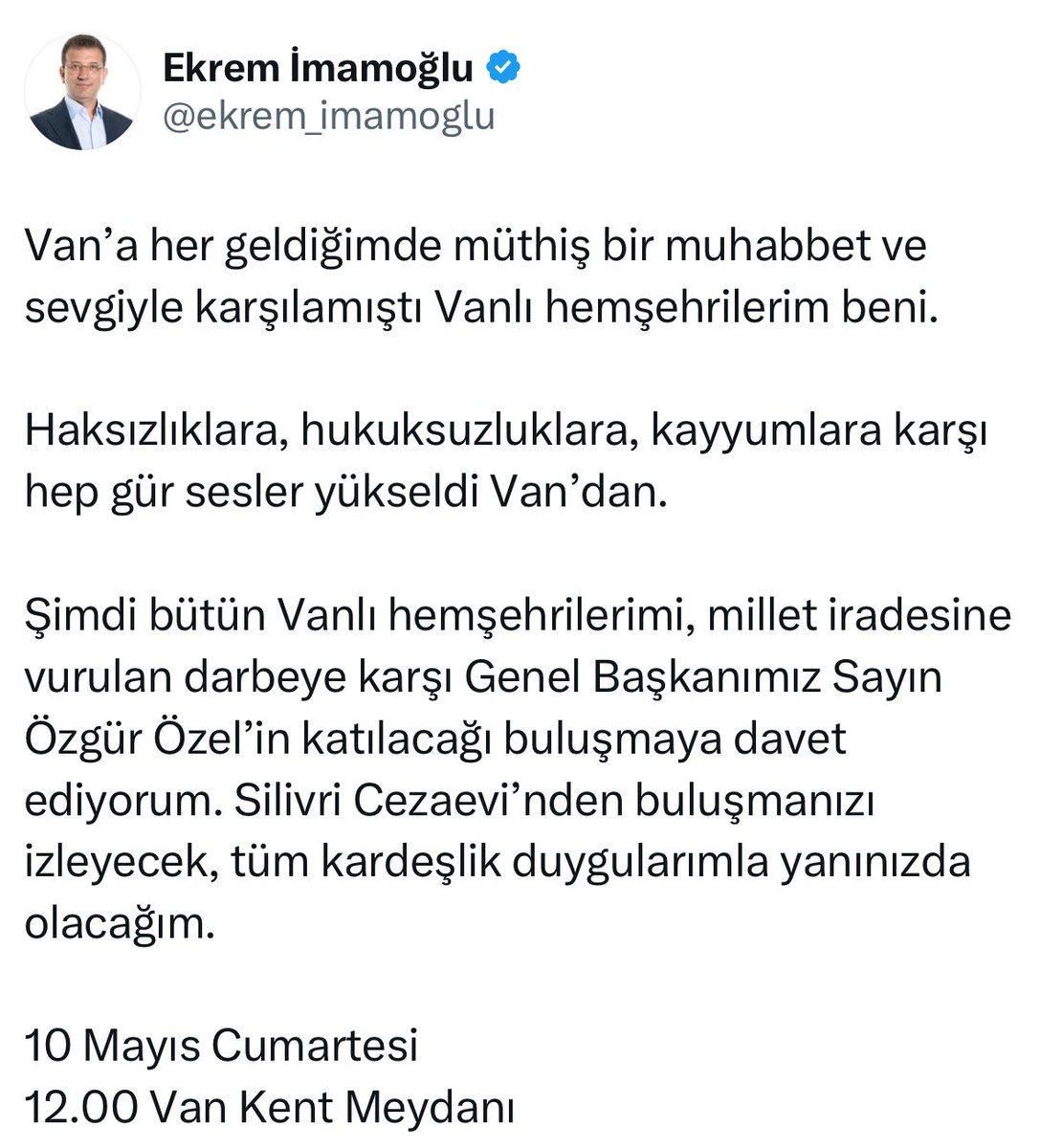 Ekrem İmamoğlu Van mitingine çağrı yaptı.