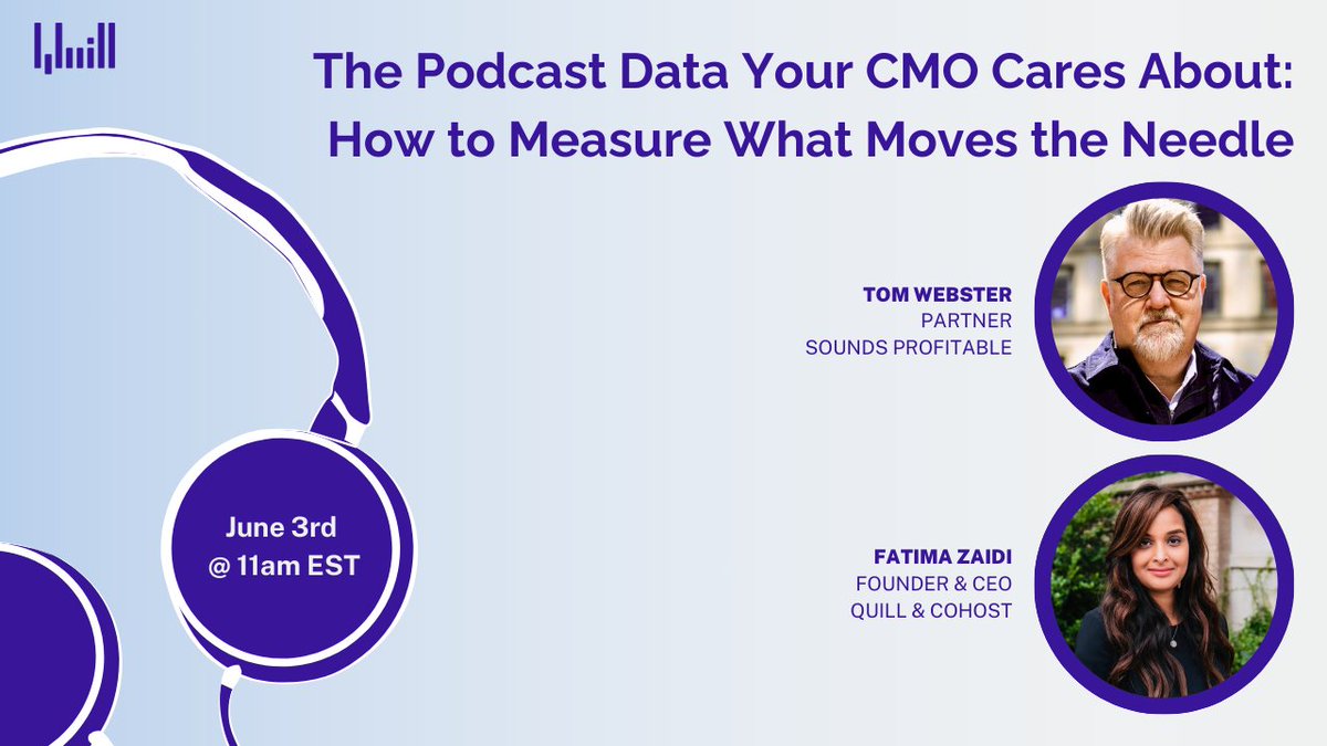Quill Inc (@inc_quill) on Twitter photo Vanity metrics ≠ value.
Downloads don’t mean engagement.
Subscribers don’t mean impact.
Join <a href="/zaidiafatima/">Fatima Zaidi</a> + <a href="/SoundsProfNews/">Sounds Profitable</a> on June 3rd at 11am EST to learn what actually matters for branded podcast success: quill-podcasting.wistia.com/live/events/bs…
#podcastanalytics #brandedpodcasts Vanity metrics ≠ value.
Downloads don’t mean engagement.
Subscribers don’t mean impact.
Join <a href="/zaidiafatima/">Fatima Zaidi</a> + <a href="/SoundsProfNews/">Sounds Profitable</a> on June 3rd at 11am EST to learn what actually matters for branded podcast success: quill-podcasting.wistia.com/live/events/bs…
#podcastanalytics #brandedpodcasts