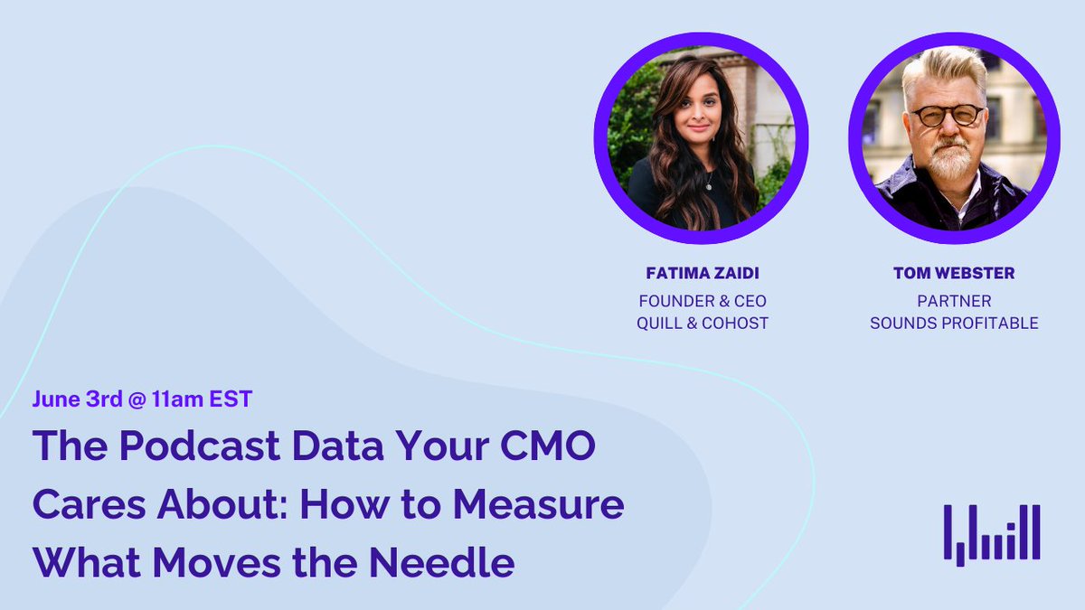 Most podcast reports:
 ✔️ Downloads
 ✔️ Subscribers
 ❌ Business impact
Let’s fix that.

Join <a href="/zaidiafatima/">Fatima Zaidi</a> + <a href="/SoundsProfNews/">Sounds Profitable</a> June 3rd @ 11am EST for a data-backed webinar on proving podcast ROI: quill-podcasting.wistia.com/live/events/bs…

#podcastanalytics #brandedpodcasts #podcastwebinar