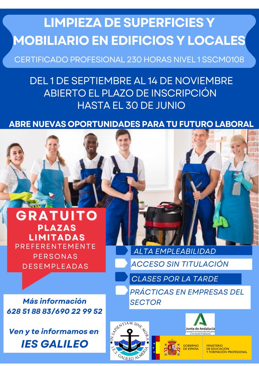 Próximamente ... Certificado de Profesionalidad de "Limpieza de superficies y mobiliario en edificios y locales".

📅 Plazo de inscripción abierto, hasta el 30 de junio.

📍 + info: blogsaverroes.juntadeandalucia.es/iesgalileoalme…
<a href="/EducaAnd/">Consejería Desarrollo Educativo y FP</a>  <a href="/FPAndaluza/">Formación Profesional Andaluza</a> <a href="/eduKalmeria/">ᴇᴅᴜKᴀʟᴍᴇʀɪ́ᴀ</a> <a href="/cepalmeria/">CEP de Almería</a>