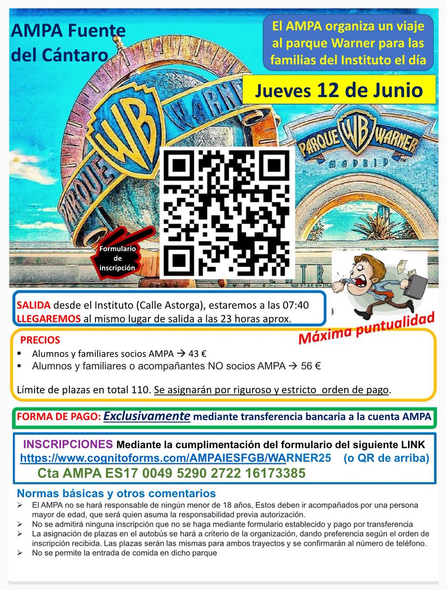 Como cada 12 de junio, excursión a la Warner. Abrimos hoy el plazo de inscripción hasta el 25 de mayo. Muchas gracias.