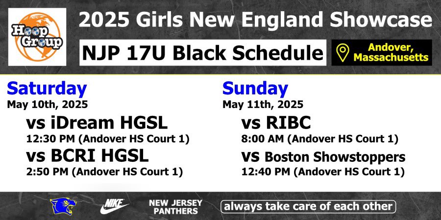 Coaches come see me and my <a href="/nj_panthers/">NJ Panthers</a> 17U Black team play this weekend in Andover, Massachusetts!!!!
Cant’t wait to see you there 💙💛🐾
<a href="/hgsl_girls/">Hoop Group Girls</a> 
<a href="/CoachJordanNJP/">Jordan Stites</a> 
<a href="/CoachZ_NJP/">Zakiya Beckles MAT, LAT, ATC</a> 
<a href="/CoachWeberbball/">Coach Weber</a> 
<a href="/PGHNewJersey/">Prep Girls Hoops New Jersey</a>