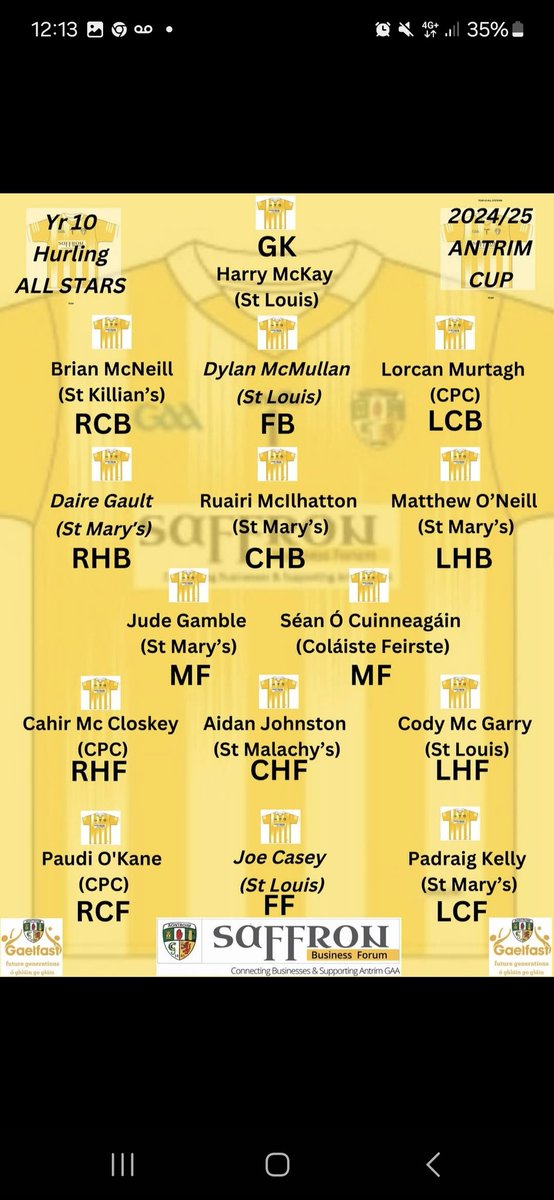 STMARYSCBGS's tweet image. Congratulations to our Gaelfast All-Star winners: 

Year8 hurling - Emmet Rainey 

Year8 football- Austin McGivern, Ethan Irvine, Ryan Hughes and Taylor Magee

Year10 hurling- Daire Gault, Ruairi McIlhatton, Matthew O&apos;Neill, Jude Gamble, Padraig Kelly

⚫️🟠🟢