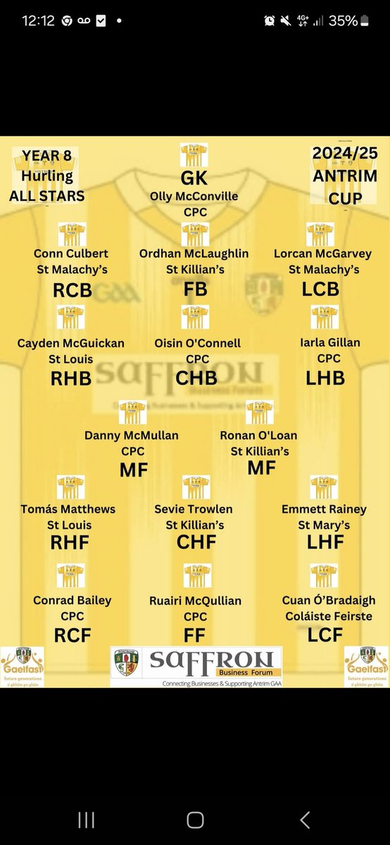 Congratulations to our Gaelfast All-Star winners: 

Year8 hurling - Emmet Rainey 

Year8 football- Austin McGivern, Ethan Irvine, Ryan Hughes and Taylor Magee

Year10 hurling- Daire Gault, Ruairi McIlhatton, Matthew O'Neill, Jude Gamble, Padraig Kelly

⚫️🟠🟢