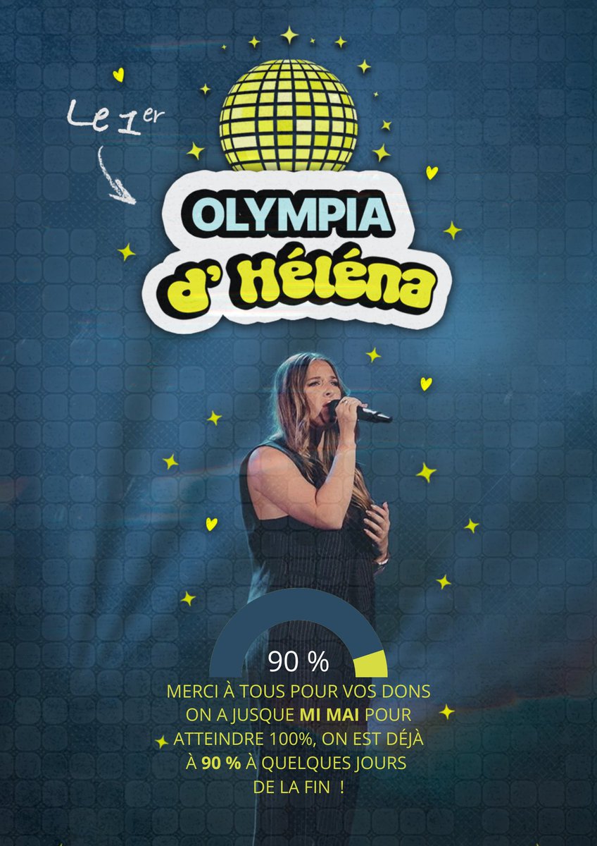 *⋆PROJET OLYMPIA HÉLÉNA⋆* 
Dernière ligne droite, on est à 90% à moins d'une semaine de la clôture de la cagnotte, on a toujours besoin de vous pour illuminer son olympia de 1000 étoiles⭐️
Merci pour vos participations!!!
Pour participer : pots.lydia.me/collect/pots?i…
#HelenaBailly