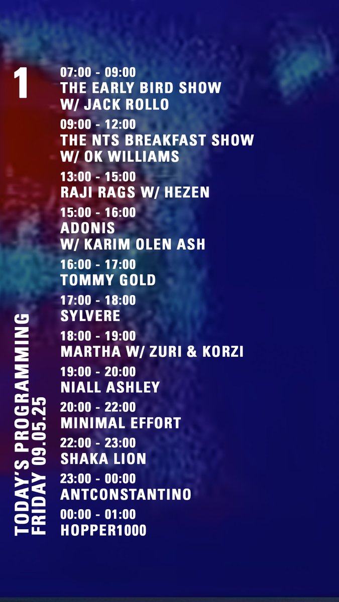 NTS Radio (@ntslive) on Twitter photo today on nts.live/1
<a href="/RajiRags/">Raj Chaudhuri</a> <a href="/TommyJGold/">Tommy Gold</a> <a href="/sylvere/">SYLVERE</a> <a href="/MARTHAradio/">๐๐๐๐๐๐ (she/her)</a> <a href="/niallashley0/">niall ashley</a> today on nts.live/1
<a href="/RajiRags/">Raj Chaudhuri</a> <a href="/TommyJGold/">Tommy Gold</a> <a href="/sylvere/">SYLVERE</a> <a href="/MARTHAradio/">๐๐๐๐๐๐ (she/her)</a> <a href="/niallashley0/">niall ashley</a>