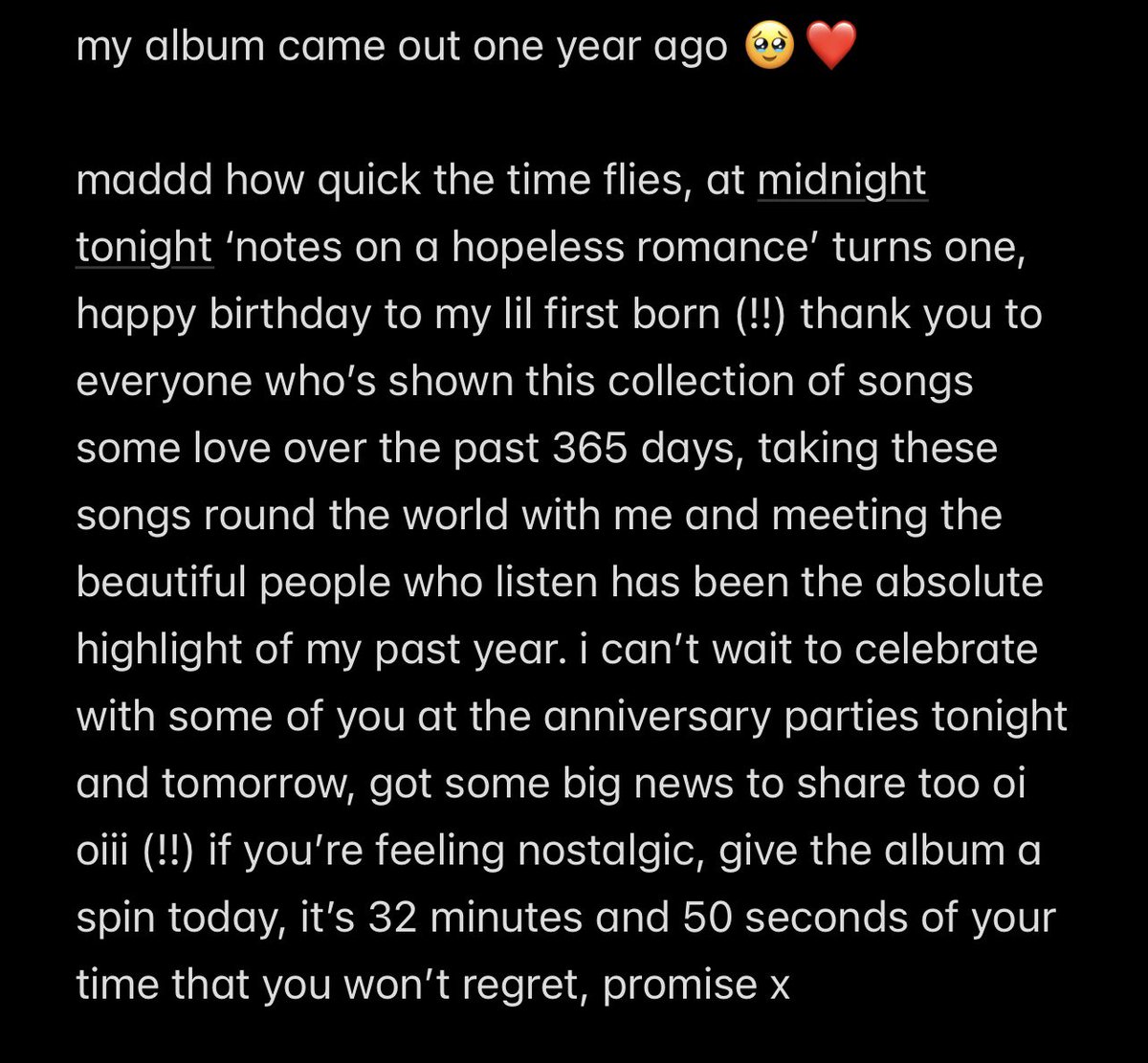 happy birthday to my lil first born ‘notes on a hopeless romance’ 💿❤️