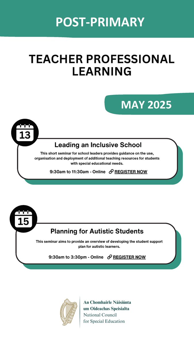 ncseirl's tweet image. 📝Post-Primary teachers, join us for online seminars.
For more information and to register:
tinyurl.com/yc6suhd2- Leading an Inclusive School
tinyurl.com/ybyzedvc- Planning for Autistic Students
📝A Mhúinteoirí Iarbhunscoile, bígí linn do seimineár ar line.
Le haghaidh…