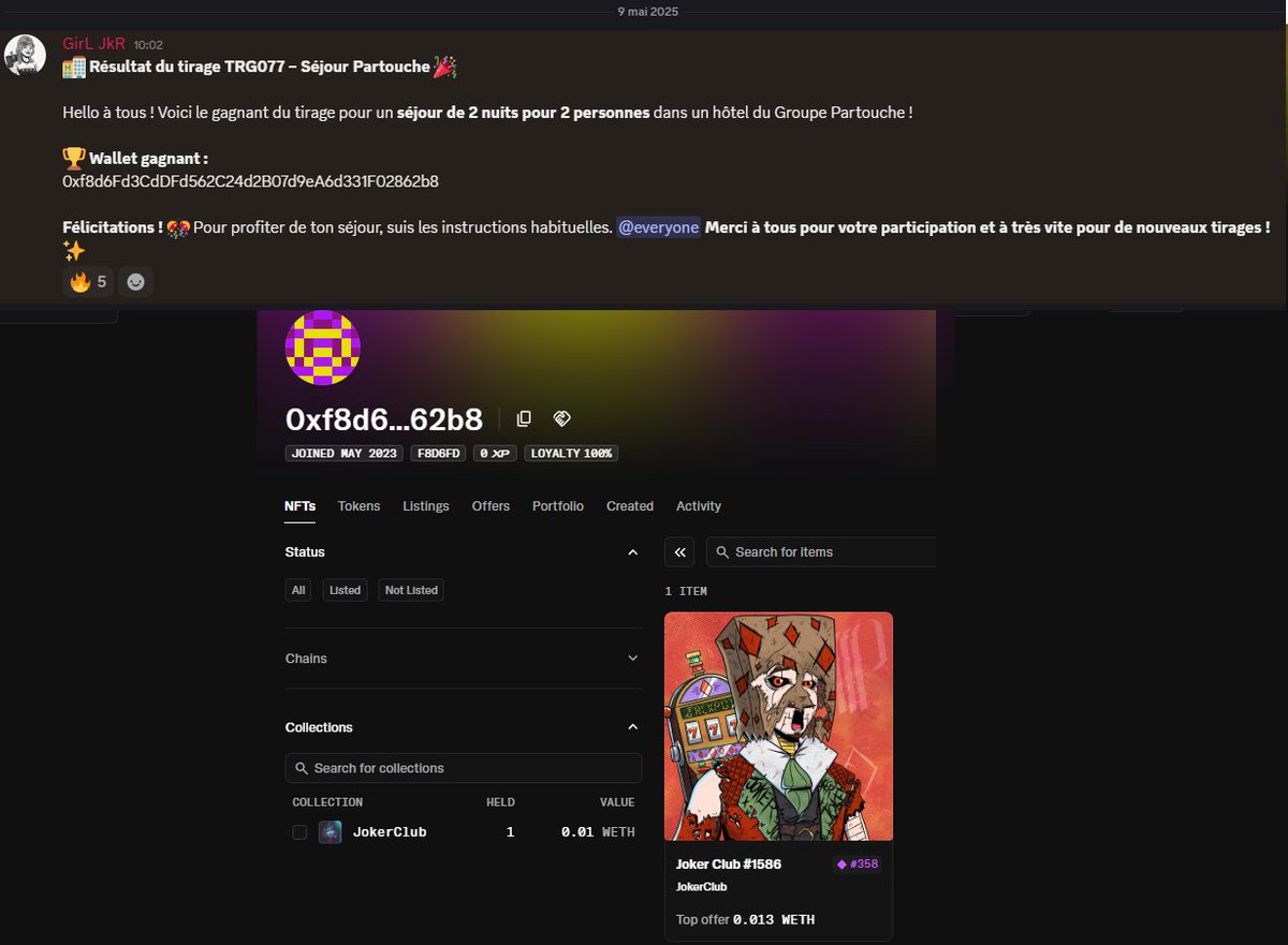 PloufPlop's tweet image. Et encore un WE de 2 jours dans un hôtel du Groupe @Partouche gagné par un holder de la collection @JokerClubSpirit du Groupe Partouche.
Si vous n'êtes pas encore holder d'un NFT @JokerClubSpirit , tentez votre chance mais avec un seul NFT, on peut gagner, en voici la preuve. 🔥