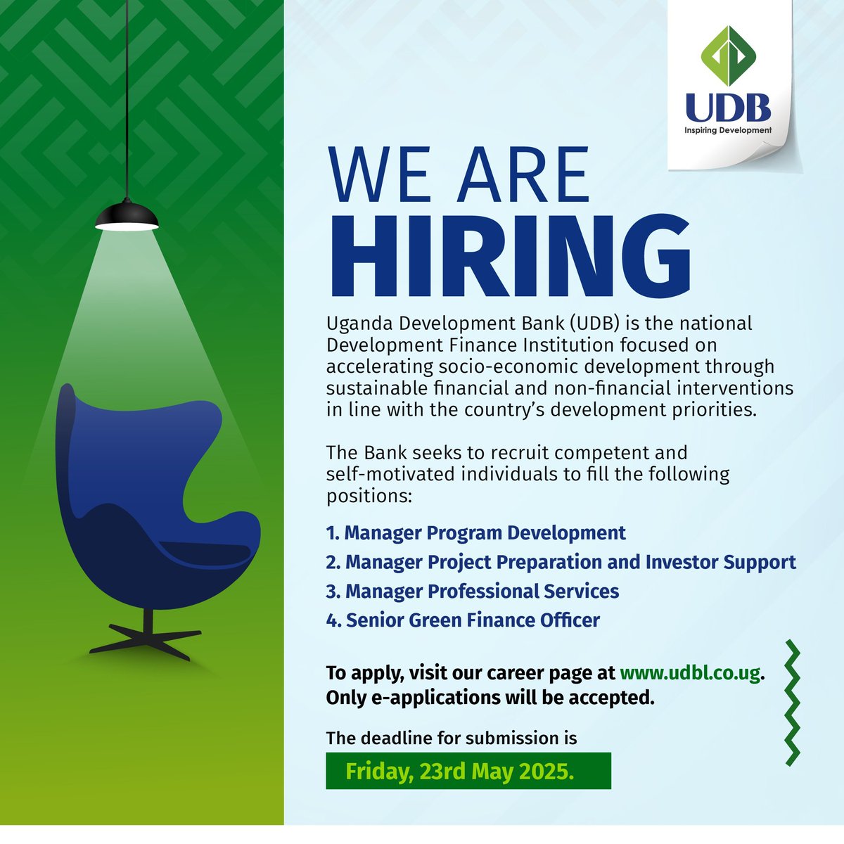 Evanco Consult (@evancohr) on Twitter photo Hiring <a href="/UDB_Official/">Uganda Development Bank Ltd</a>
Open Positions:
🔹 Manager Program Development
🔹 Manager Project Preparation and Investor Support
🔹 Manager Professional Services
🔹 Senior Green Finance Officer
📍 Apply now via udbl.co.ug/our-latest-vac… Hiring <a href="/UDB_Official/">Uganda Development Bank Ltd</a>
Open Positions:
🔹 Manager Program Development
🔹 Manager Project Preparation and Investor Support
🔹 Manager Professional Services
🔹 Senior Green Finance Officer
📍 Apply now via udbl.co.ug/our-latest-vac…