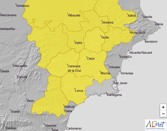 🟡 Nivel amarillo por lluvias y tormentas para mañana sábado, 10 de mayo, en la #RegiónMurcia.

<a href="/AEMET_Esp/">AEMET</a> prevé precipitaciones de hasta 20 litros por metro cuadrado en una hora y tormentas con posible caída de granizo en algunas áreas.

Más información: aemet.es/es/eltiempo/pr…