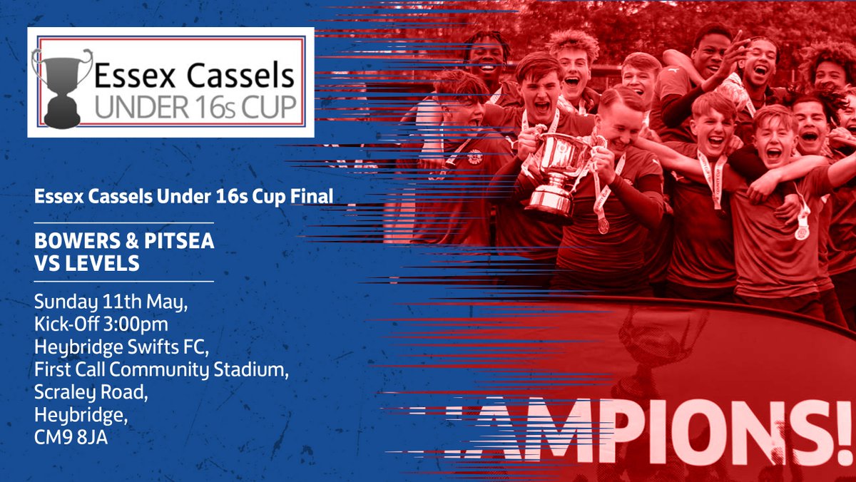 Congratulations to <a href="/Bowerspitseafc/">Bowers & Pitsea FC</a> and <a href="/LevelsFc/">LevelsFC</a>, who have reached the final of the #Essex #CasselsUnder16sCup this Sunday (11th May), which will kick-off at 3:00pm at <a href="/officialswifts/">Heybridge Swifts FC</a>. Good luck!