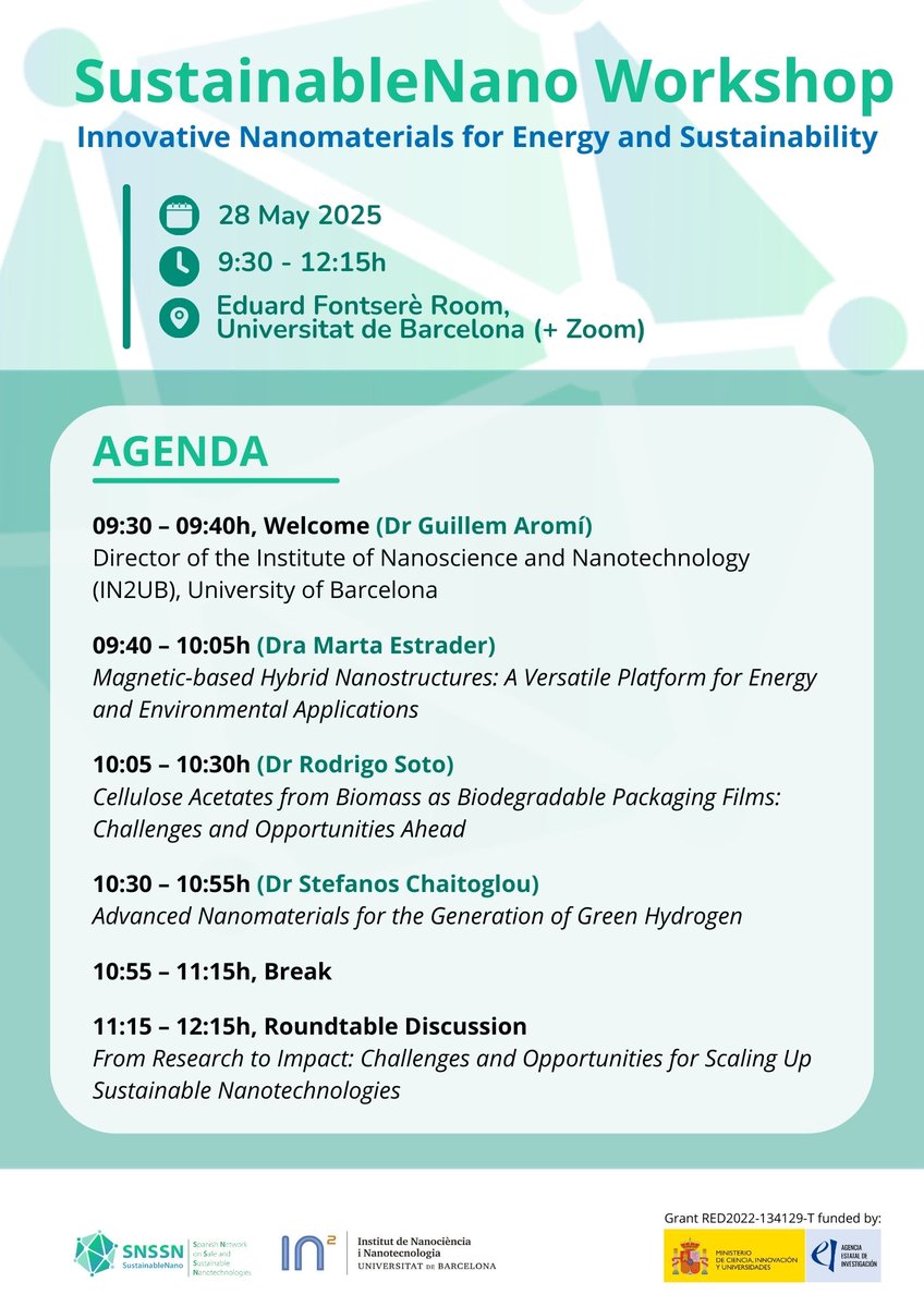 SNSSNano's tweet image. 🌱 How can nanoscience contribute to a more #sustainable future?
Join the #SustainableNano Workshop — 28 May 2025 @UniBarcelona @In2Ub & online
Topics: green hydrogen 💧, biodegradable films ♻️, nanomaterials for energy ⚡
🔗 Info: snssn-sustainablenano.net/events/sustain…