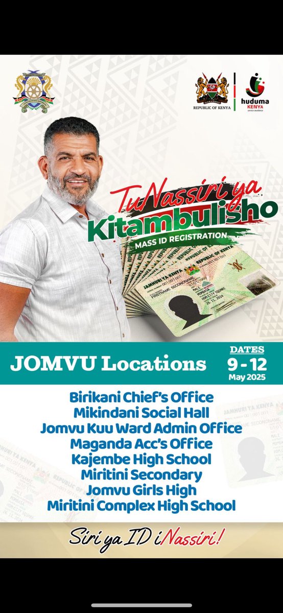 JOMVU hoiyee! Pata kitambulisho (ID) kwa kujisajili bila malipo katika kituo kilicho karibu nawe 🪪 Kuwa na ID kunazidi kukupa wewe fursa ya kupata ajira na kujumuishwa katika shughuli za kiserikali. Usipitwe!

#mcpsb001