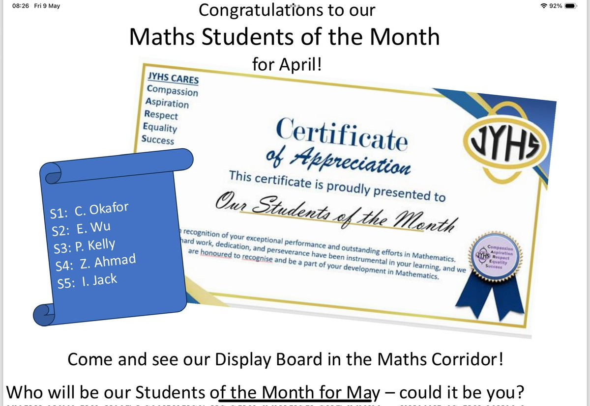A wonderful set of <a href="/JamesYoungHS/">JYHS</a> Maths Students of the Month for April.  Great examples of hard work, perseverance and the #jyhscares values in action. Well done everyone! <a href="/LoveWestLothian/">West Lothian Council</a>