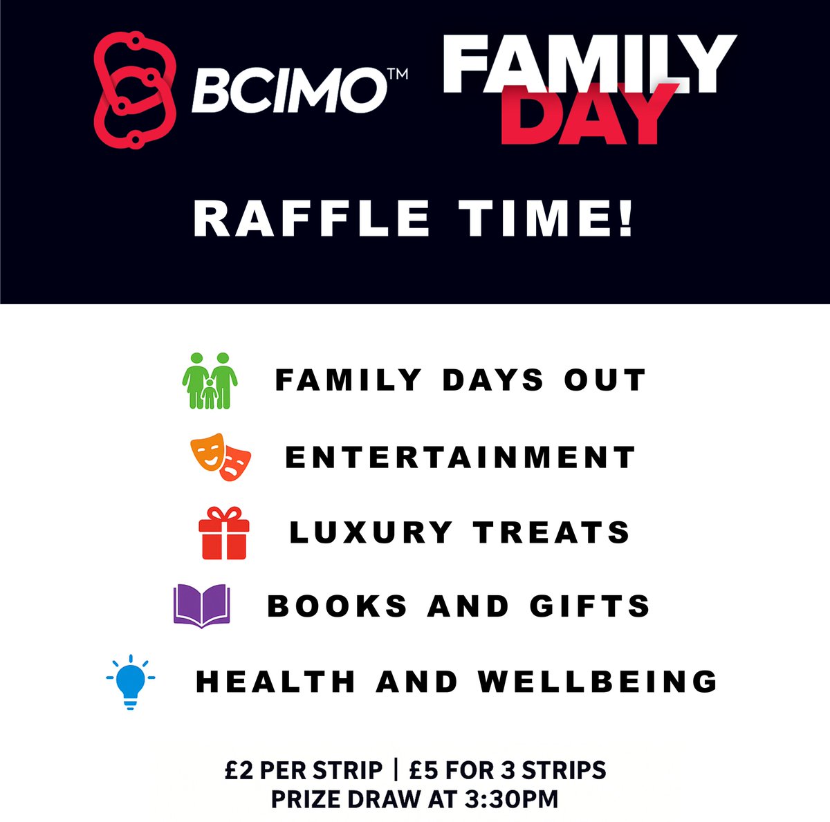 🎟️ Raffle time at #BCIMOFamilyDay!
Win amazing prizes incl. days out, theatre tickets, treats, books &amp; a Mental Health First Aid course.
🎟️ £2/strip or £5 for 3
🎉 Draw at 3:30PM – closing the event!
Support 5 great charities &amp; take home something special. 💛
#CharityRaffle