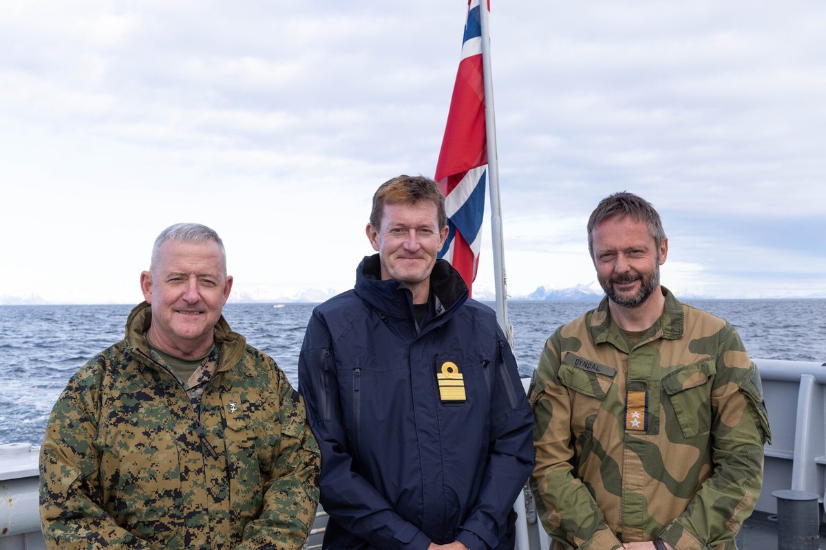 Forsvaret_no's tweet image. Commanders Robert B. Sofge @USNavyEurope, James Morley @JFCNorfolk and Gjert Dyndal at NOR Joint HQ, met at Andøya, Norway for #FormidableShield. 11 allied nations take part in #FS25. The exericse reflects our commitment to collective defence for regional security. @STRIKFORNATO