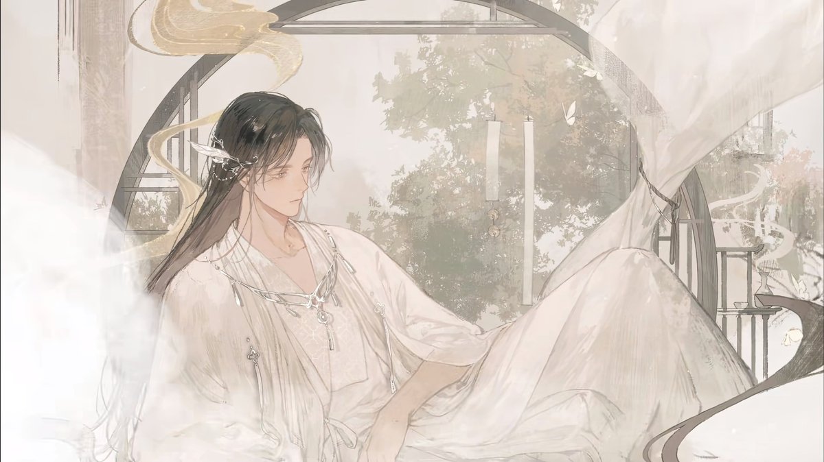 “ 흰 옷을 입고, 긴 흑발을 늘어뜨린 화성은
귀 옆을 흰 깃털로 장식하고 있었으며
오른손에는 세 개의 반지와 함께
은사슬이 드리워져
그의 요염함과 오만한 기세를 다소 누그러뜨리고
고아하며 기품있는 자태는 더욱 돋보이게 하였다. ”

— #천관사복 개정판 

#TGCF #天官赐福