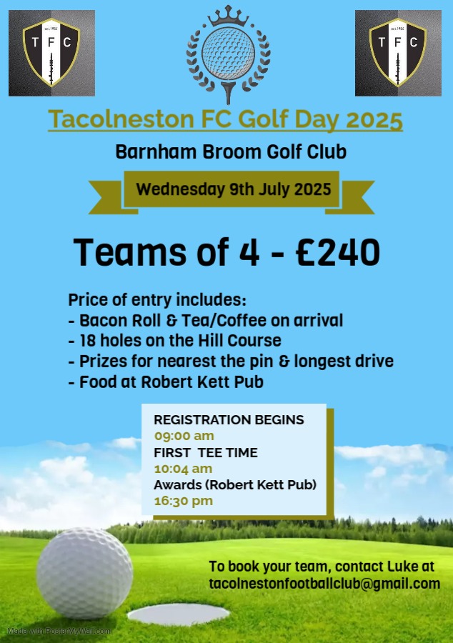 Tacolneston FC (@tacolnestonfc) on Twitter photo 🏌️Tacolneston FC Golf Day – Wednesday 9th July! 🏌️
We’re hosting our inaugural golf day at <a href="/barnhambroom/">Barnham Broom</a> & would love to see as many of you involved as possible!
Scramble Format! All abilities welcome!
Drop us a message or email tacolnestonfootballclub@gmail.com 🏌️Tacolneston FC Golf Day – Wednesday 9th July! 🏌️
We’re hosting our inaugural golf day at <a href="/barnhambroom/">Barnham Broom</a> & would love to see as many of you involved as possible!
Scramble Format! All abilities welcome!
Drop us a message or email tacolnestonfootballclub@gmail.com