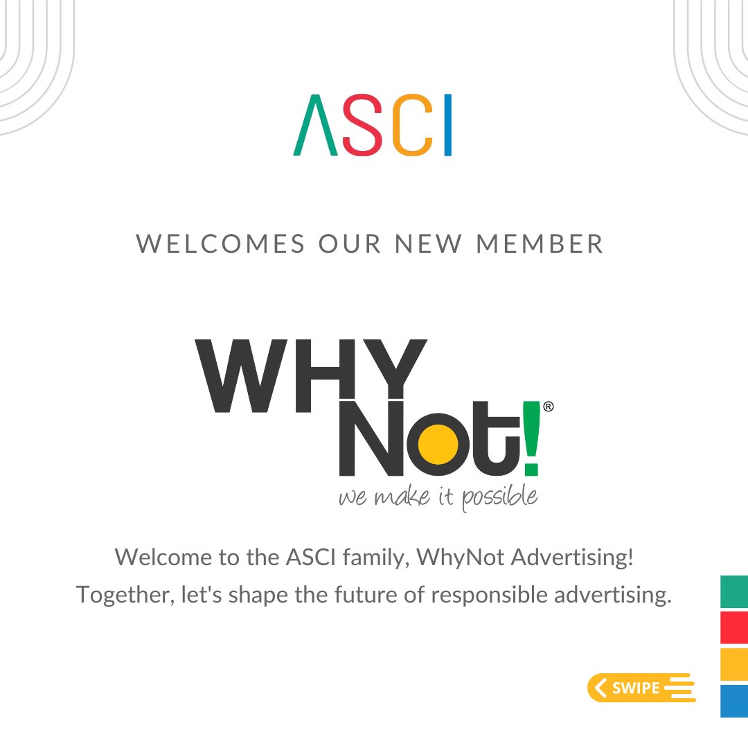 We welcome @WhyNotAdvertising to the ASCI family!

Why Not Advertising works across branding, strategy, and creative communication. We appreciate their support for advertising self-regulation.

#ASCIMember #ResponsibleAdvertising #WhyNotAdvertising #SelfRegulation #ASCI