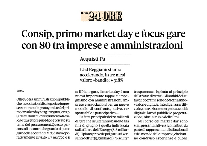 Consip (@consip_spa) on Twitter photo 📢 Al via il #ConsipMarketDay: oltre 80 #PA, #imprese e associazioni insieme per fare il punto sugli appalti pubblici. Se ne parla oggi sul
<a href="/sole24ore/">IlSole24ORE</a> .
🗞️ bit.ly/3GOqKl7
📄 consip.it/market-day 📢 Al via il #ConsipMarketDay: oltre 80 #PA, #imprese e associazioni insieme per fare il punto sugli appalti pubblici. Se ne parla oggi sul
<a href="/sole24ore/">IlSole24ORE</a> .
🗞️ bit.ly/3GOqKl7
📄 consip.it/market-day